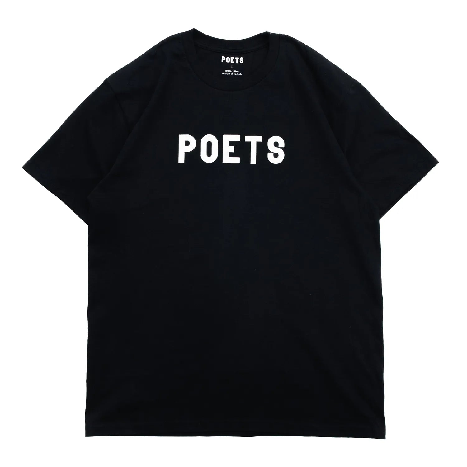 フロントにフェルト地のプリントデザインが入るPOETS(ポエッツ)のTシャツ「POETS OG POETS FLOCKED TEE」の「BLACK/WHITE」カラーの正面からの商品写真