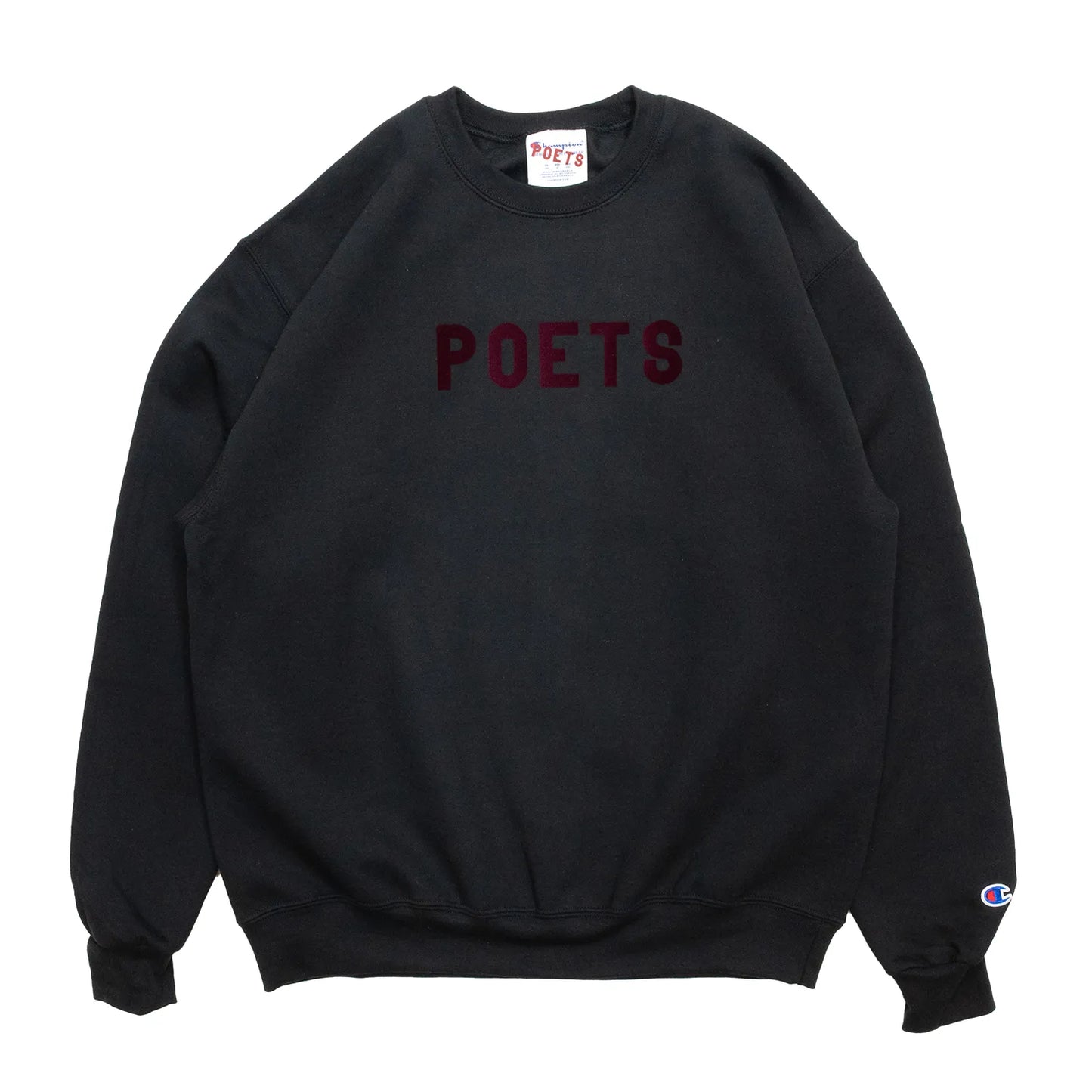 フロントにブランドロゴがフロッキープリントされたPOETS(ポエッツ)のスエット「OG FLOCKED CHAMPION CREW SWEAT」のBLACKカラーの正面からの商品写真