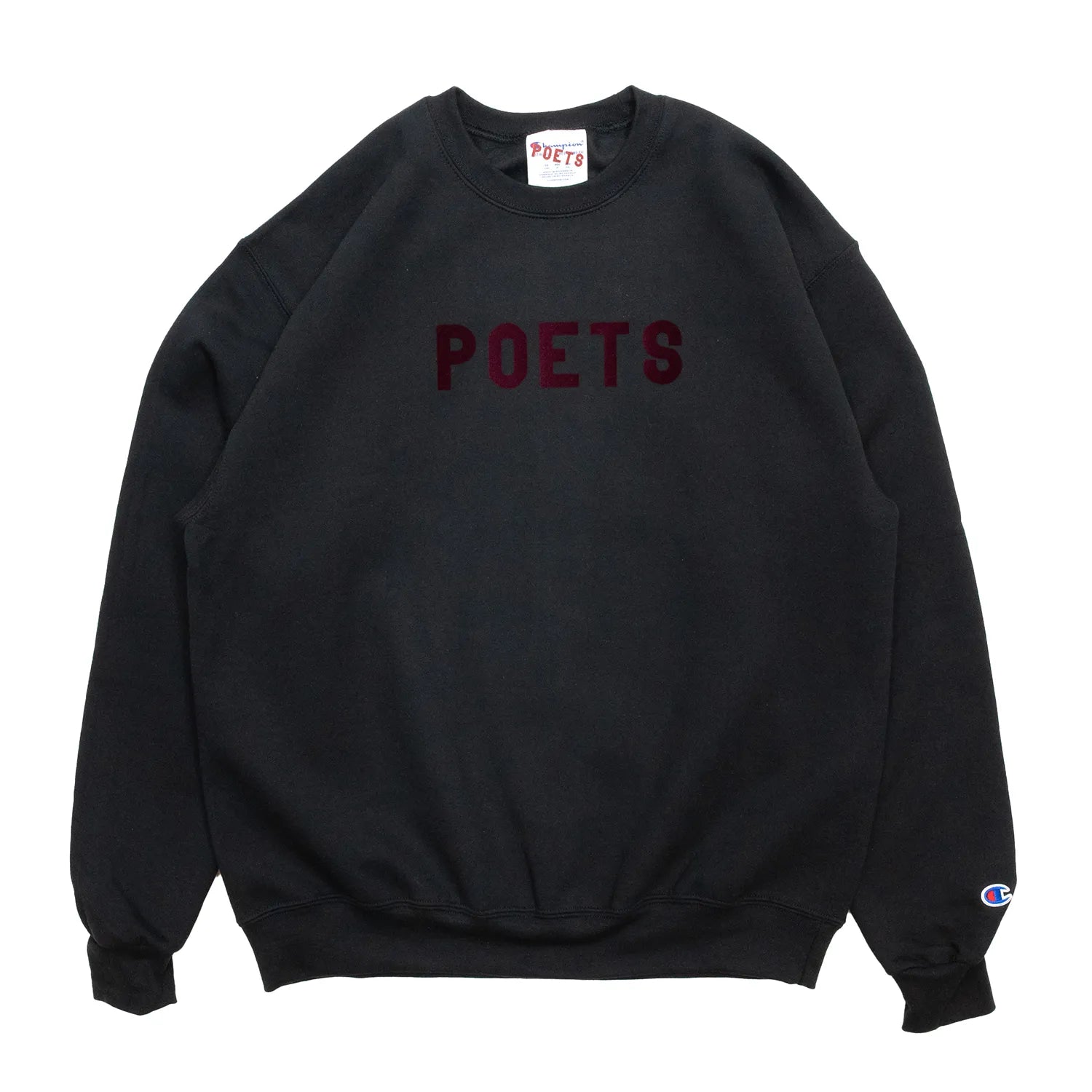 フロントにブランドロゴがフロッキープリントされたPOETS(ポエッツ)のスエット「OG FLOCKED CHAMPION CREW SWEAT」のBLACKカラーの正面からの商品写真