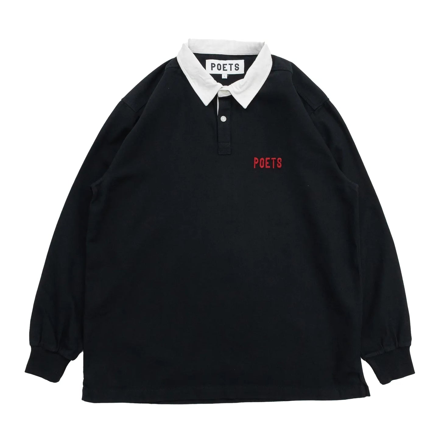 POETS(ポエッツ)の肉厚な生地を使用した2ボタンラガーシャツ「RUGBY WITH EMBROIDERED LOGO」のBLACKカラーの正面からの商品写真