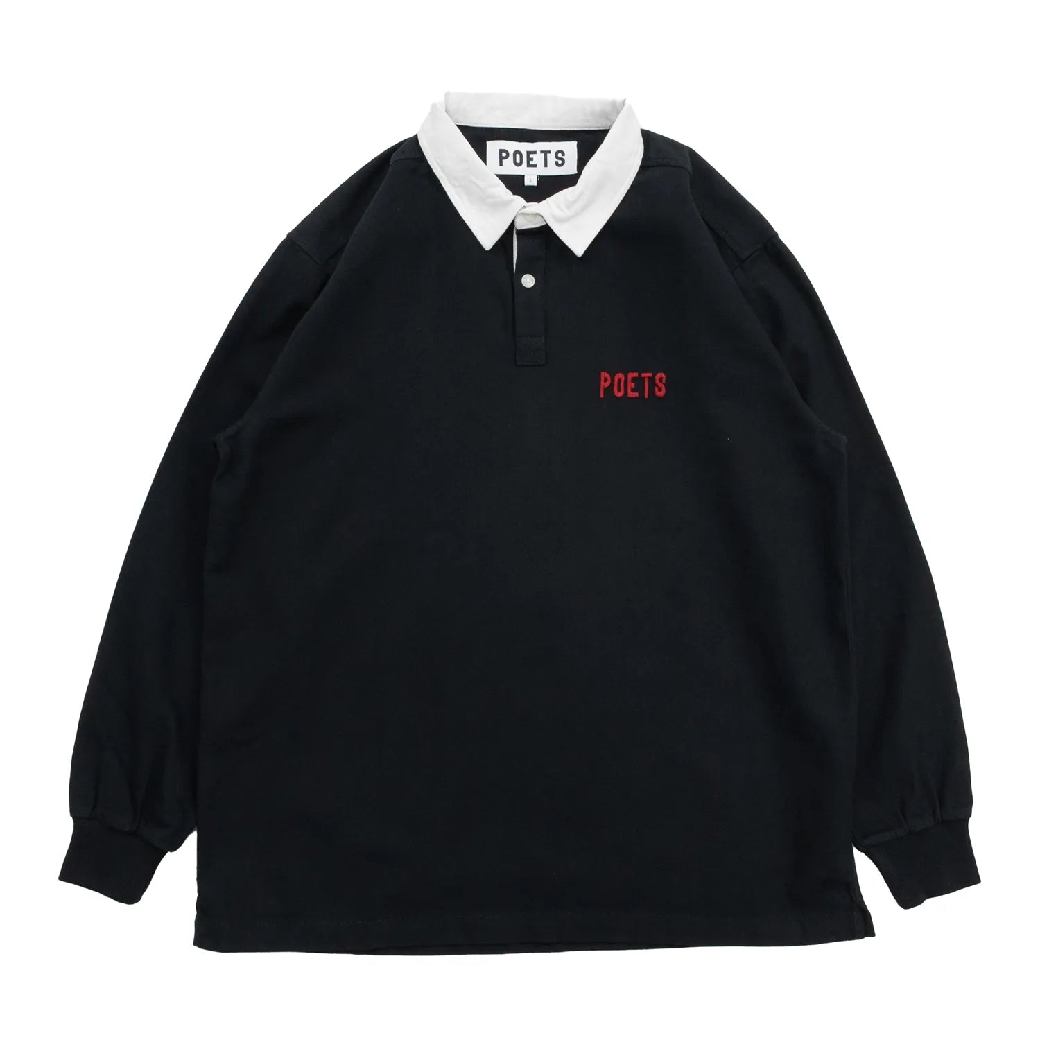 POETS(ポエッツ)の肉厚な生地を使用した2ボタンラガーシャツ「RUGBY WITH EMBROIDERED LOGO」のBLACKカラーの正面からの商品写真