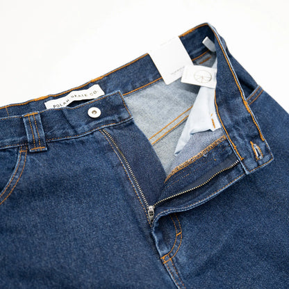 90’sストリートの空気感を色濃く残した極太シルエットが特徴のPolar Skate Co.(ポーラー)を代表する名作 「BIG BOY PANTS」のDARK BLUEカラーのフロントジップの写真