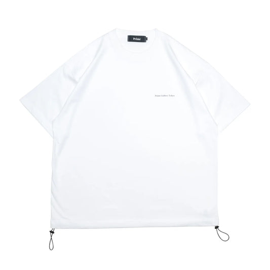 裾にドローコードがついたPrimeのTシャツ「PRIME GALLERY LOGO DRAWCORD TEE」のWHITEカラーの正面からの商品写真