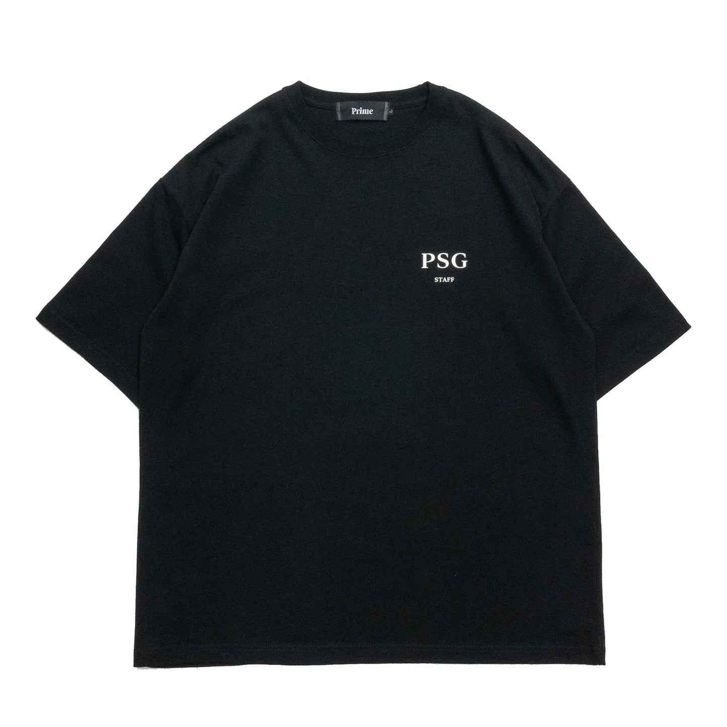 PrimeのスタッフTシャツ第三弾「PSG LOGO STAFF S/S TEE」のBLACKカラーの正面からの商品写真