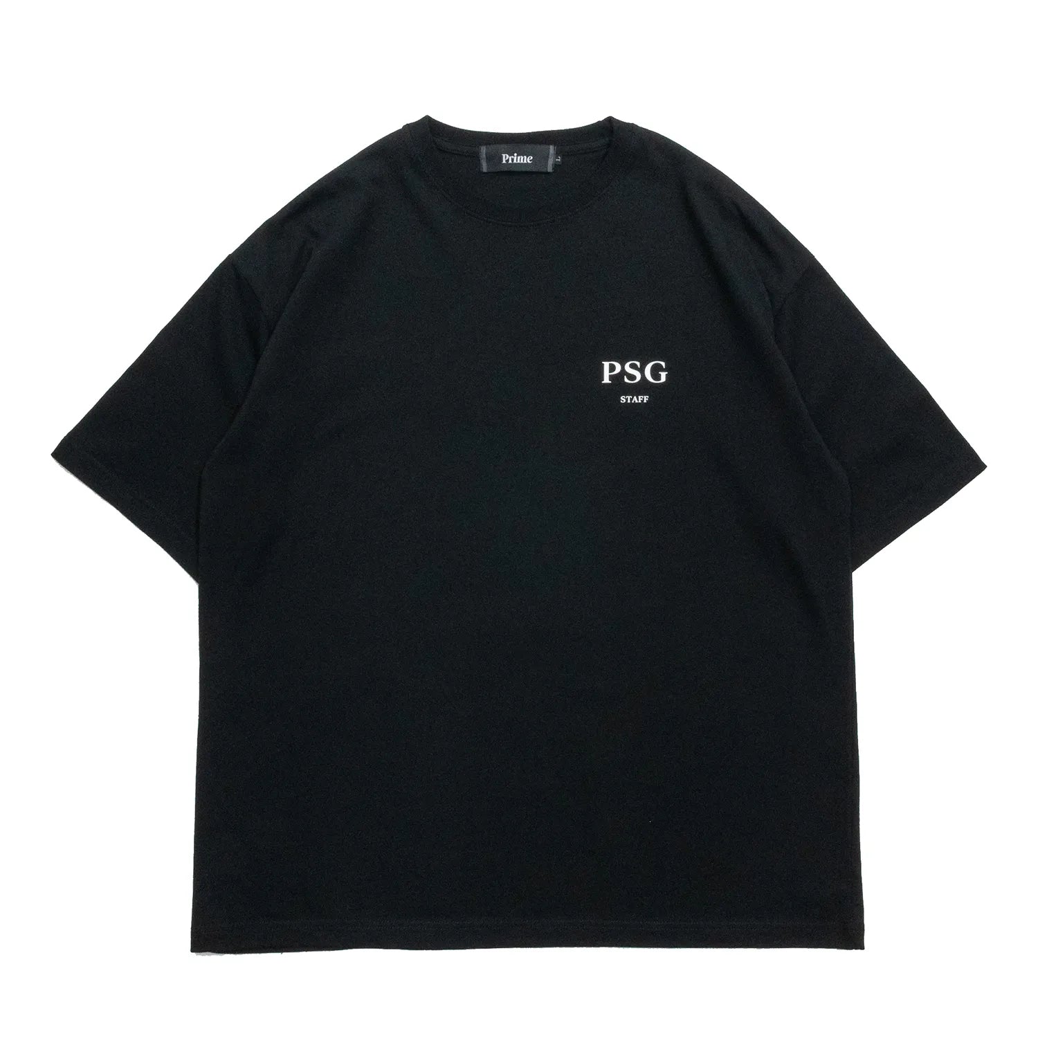 PrimeのスタッフTシャツ第三弾「PSG LOGO STAFF S/S TEE」のBLACKカラーの正面からの商品写真