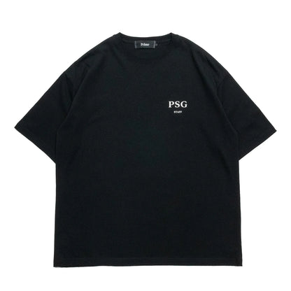 PrimeのスタッフTシャツ第三弾「PSG LOGO STAFF S/S TEE」のBLACKカラーの正面からの商品写真