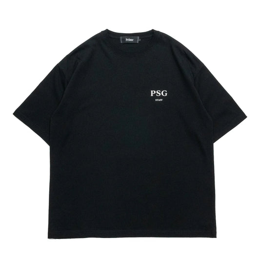 PrimeのスタッフTシャツ第三弾「PSG LOGO STAFF S/S TEE」のBLACKカラーの正面からの商品写真