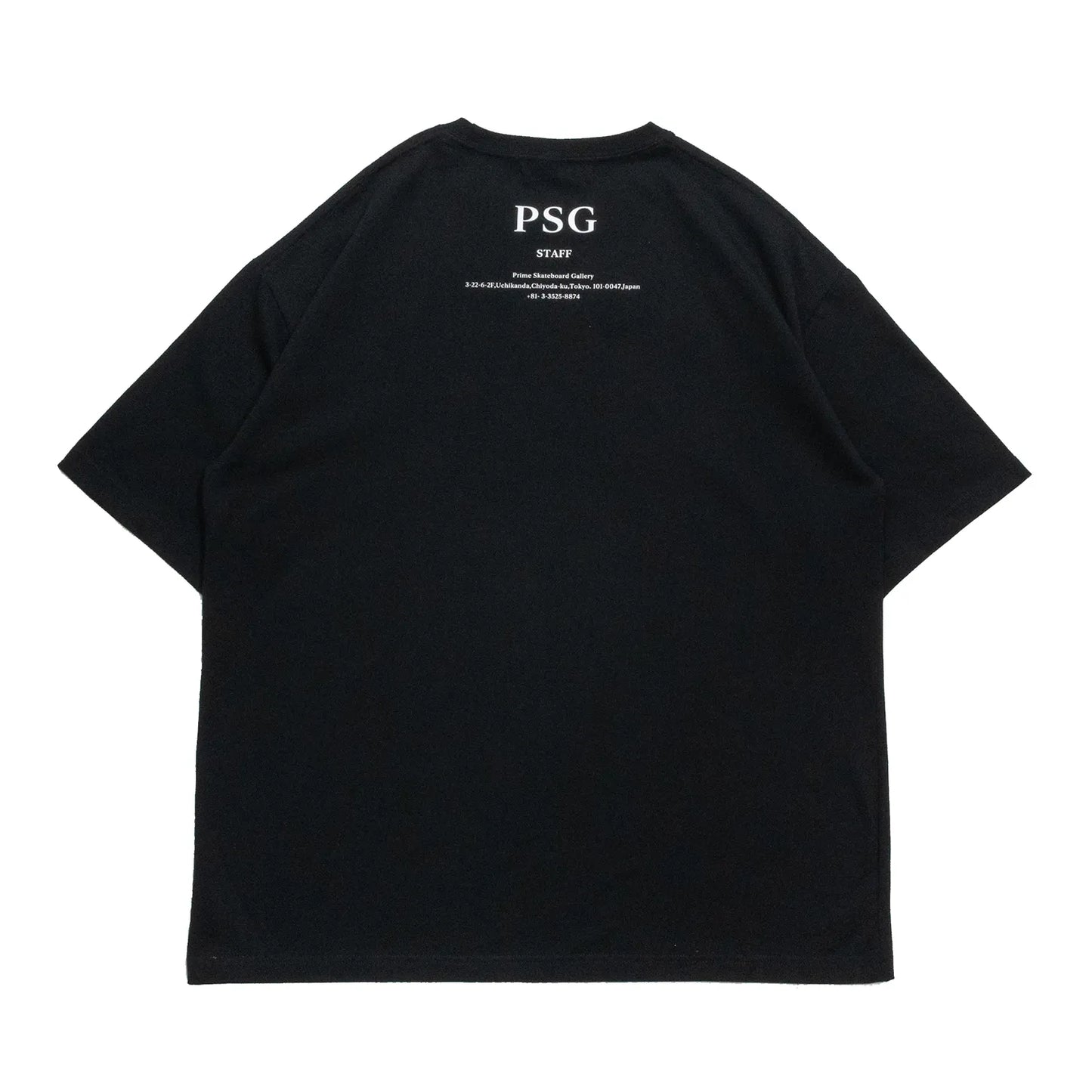 PrimeのスタッフTシャツ第三弾「PSG LOGO STAFF S/S TEE」のBLACKカラーの背面からの商品写真