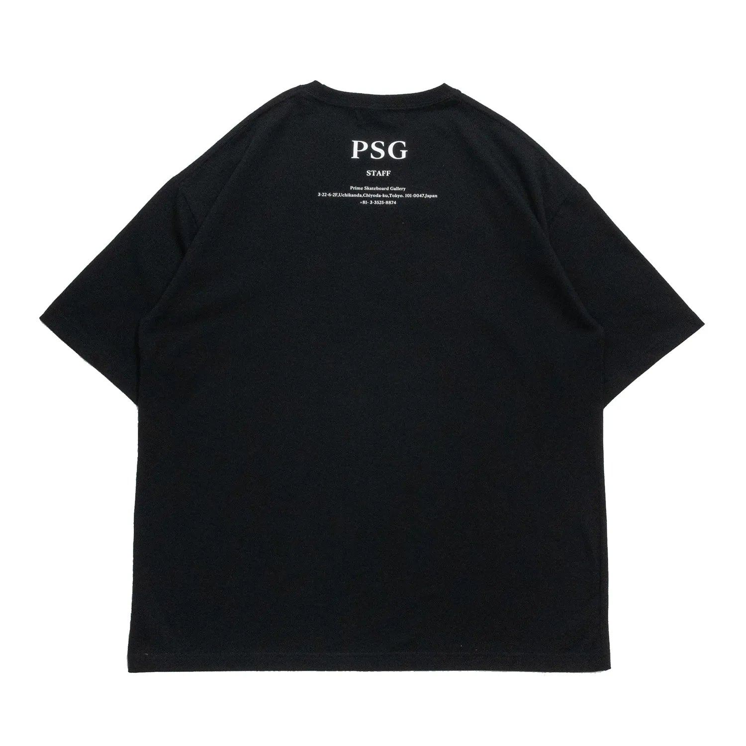 PrimeのスタッフTシャツ第三弾「PSG LOGO STAFF S/S TEE」のBLACKカラーの背面からの商品写真
