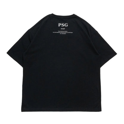 PrimeのスタッフTシャツ第三弾「PSG LOGO STAFF S/S TEE」のBLACKカラーの背面からの商品写真