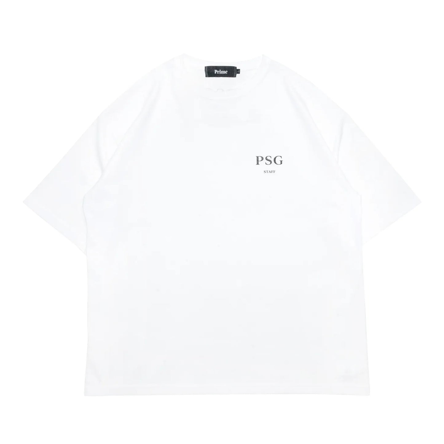 PrimeのスタッフTシャツ第三弾「PSG LOGO STAFF S/S TEE」のWHITEカラーの正面からの商品写真