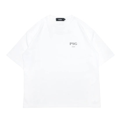PrimeのスタッフTシャツ第三弾「PSG LOGO STAFF S/S TEE」のWHITEカラーの正面からの商品写真