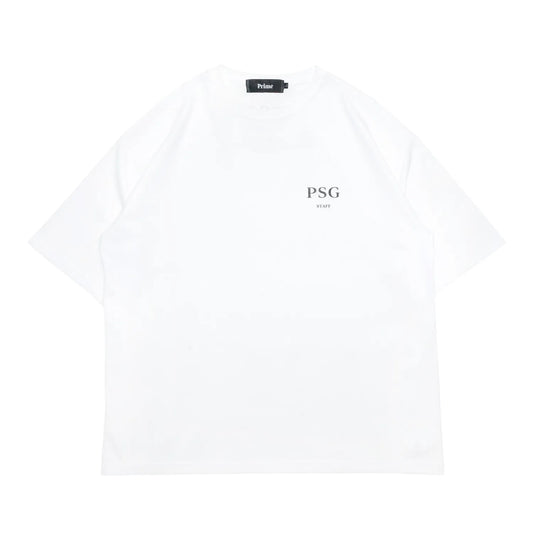PrimeのスタッフTシャツ第三弾「PSG LOGO STAFF S/S TEE」のWHITEカラーの正面からの商品写真