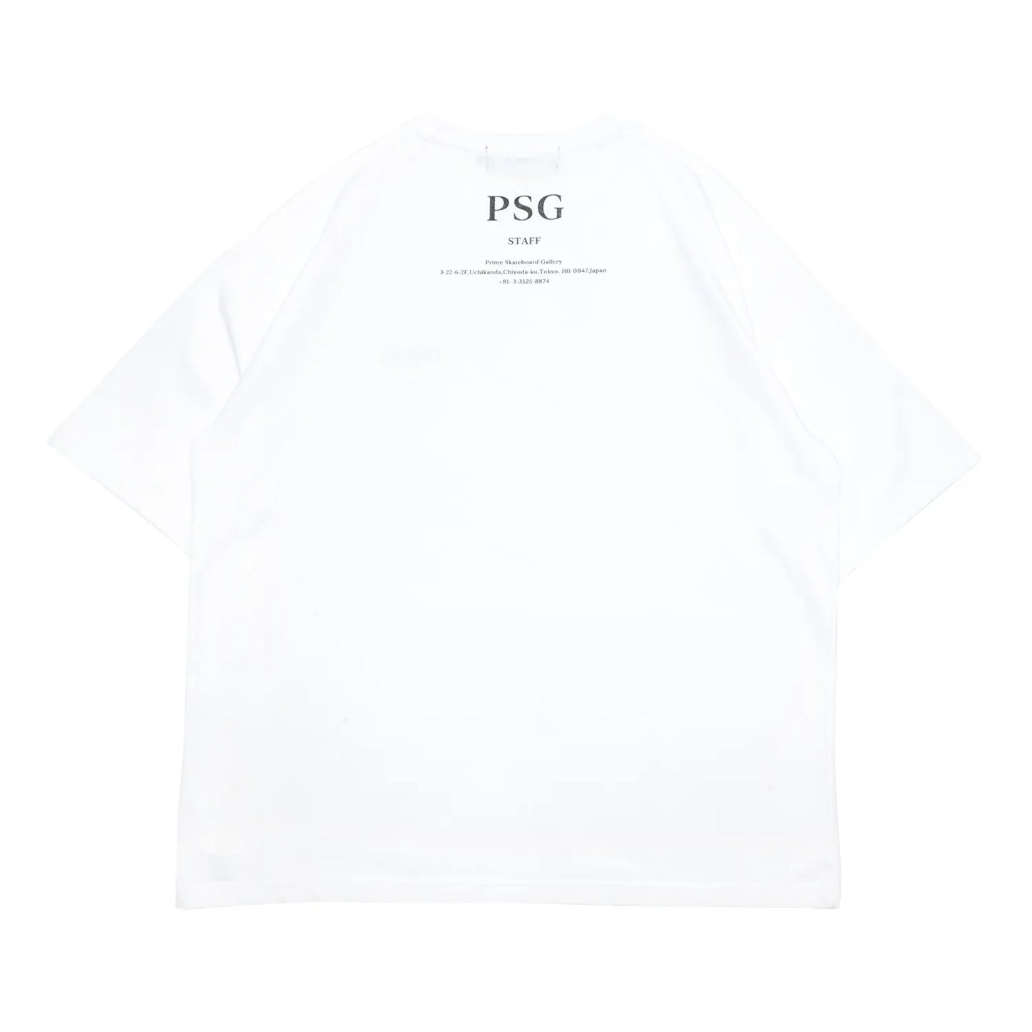 PrimeのスタッフTシャツ第三弾「PSG LOGO STAFF S/S TEE」のWHITEカラーの背面からの商品写真
