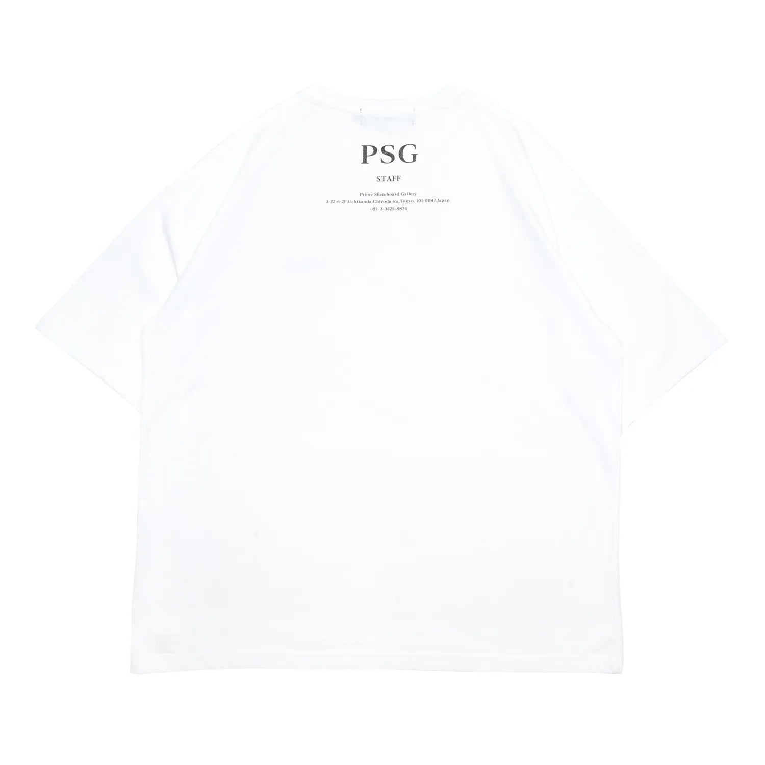 PrimeのスタッフTシャツ第三弾「PSG LOGO STAFF S/S TEE」のWHITEカラーの背面からの商品写真