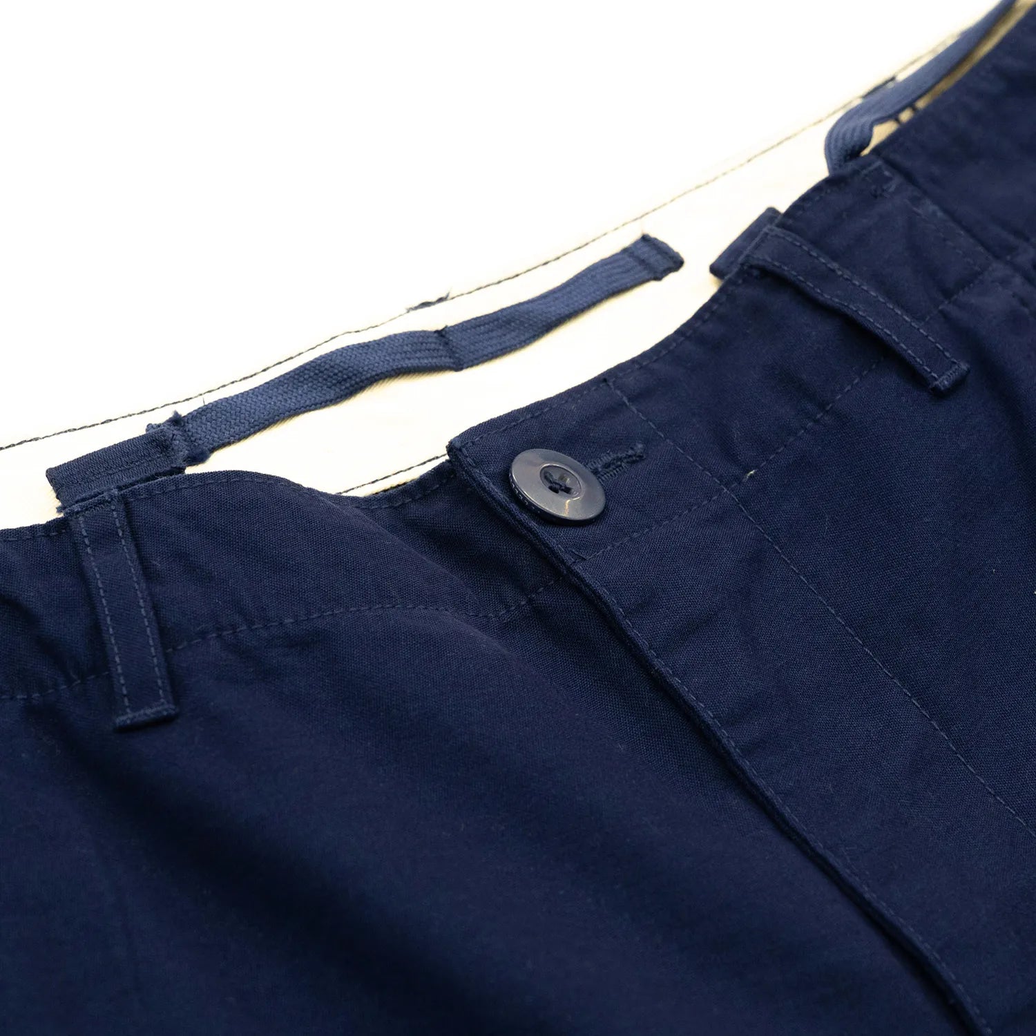 名作M-65をファットなシルエットにPrimeが理プロダクトした自信作「M-65 REMAKE CARGO SHORTS」の「NAVY」カラーのウエストのボタン写真
