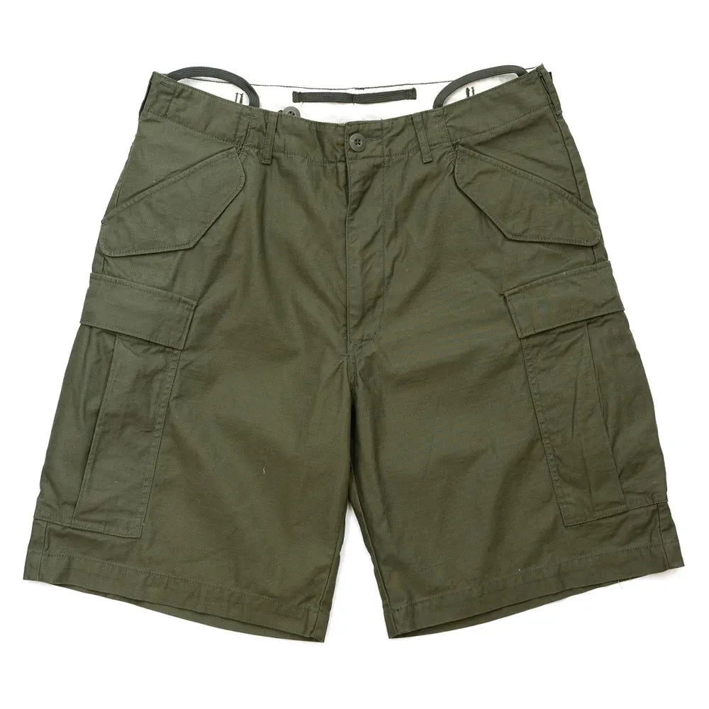名作M-65をファットなシルエットにPrimeが理プロダクトした自信作「M-65 REMAKE CARGO SHORTS」の「OLIVE DRAB」カラーの正面からの商品写真