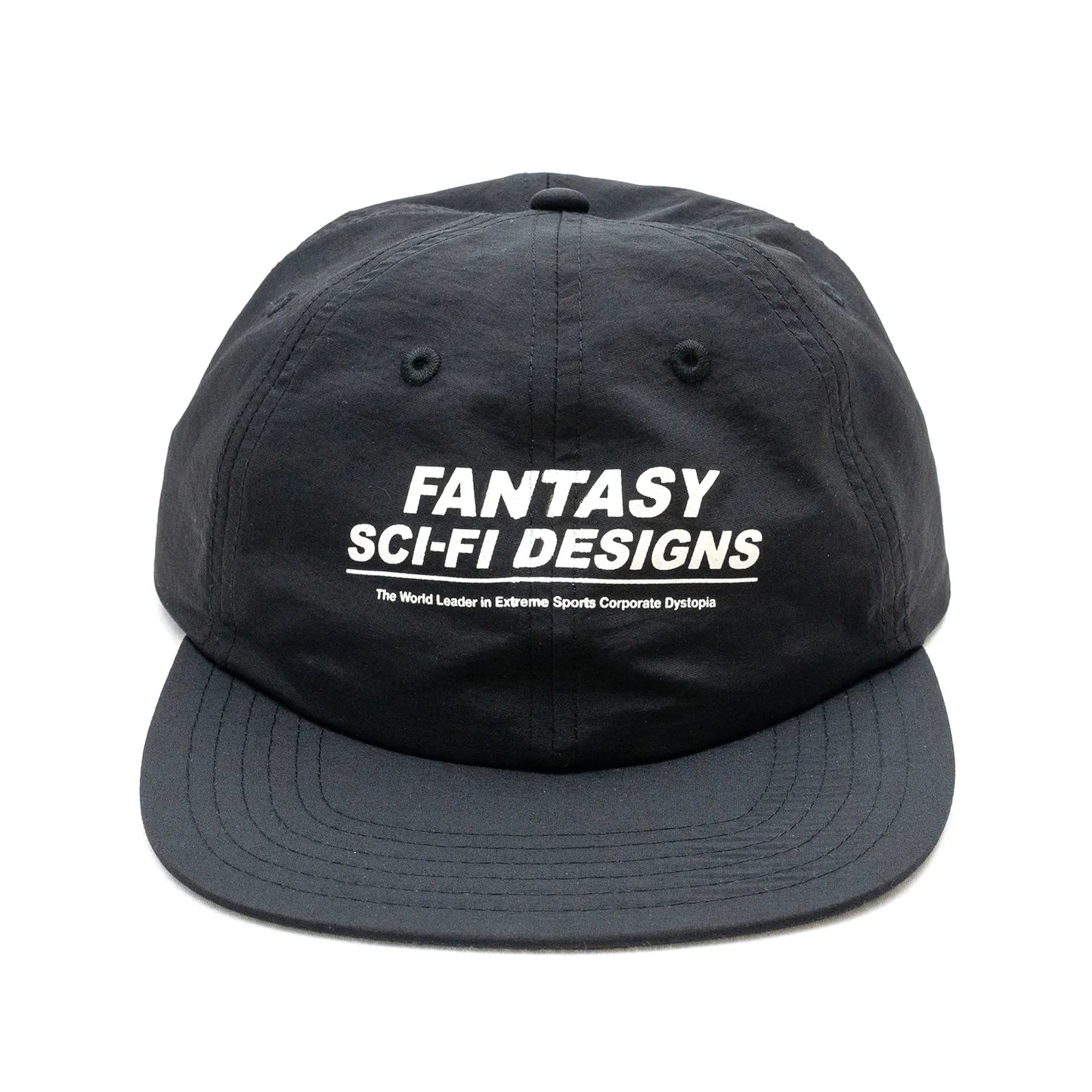 SCI-FI FANTASYのフロントにデザインがプリントされたナイロン製キャップ「EXTREME DESIGN HAT」のBLACKカラーの正面からの商品写真