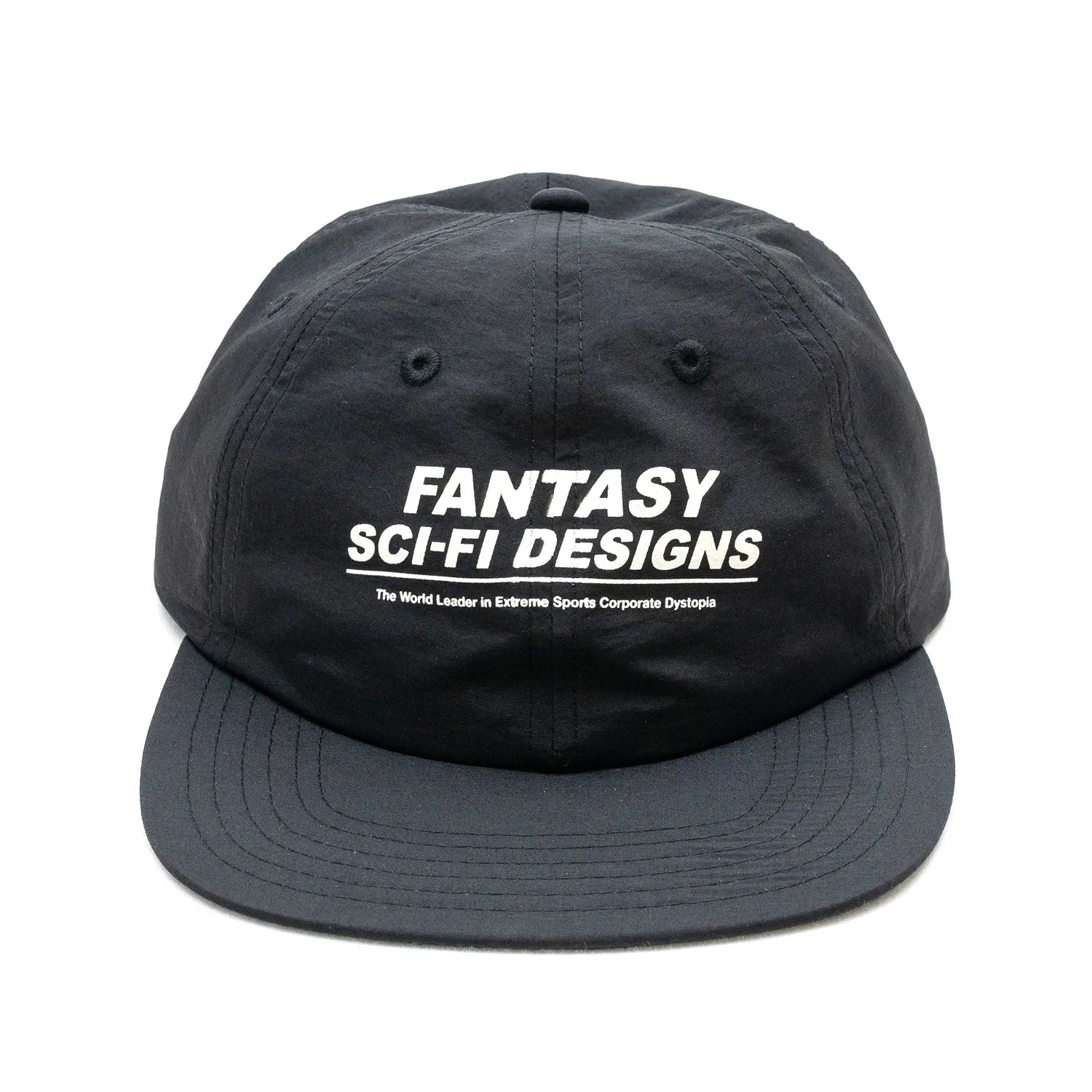 SCI-FI FANTASYのフロントにデザインがプリントされたナイロン製キャップ「EXTREME DESIGN HAT」のBLACKカラーの正面からの商品写真