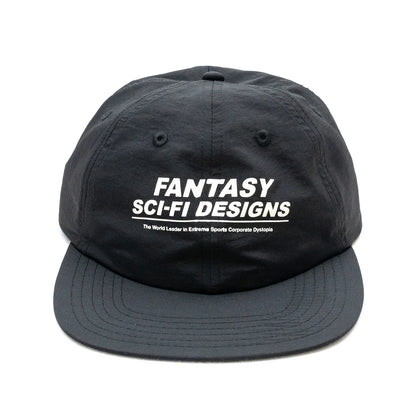 SCI-FI FANTASYのフロントにデザインがプリントされたナイロン製キャップ「EXTREME DESIGN HAT」のBLACKカラーの正面からの商品写真