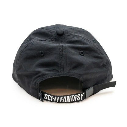 SCI-FI FANTASYのフロントにデザインがプリントされたナイロン製キャップ「EXTREME DESIGN HAT」のBLACKカラーの背面からの商品写真
