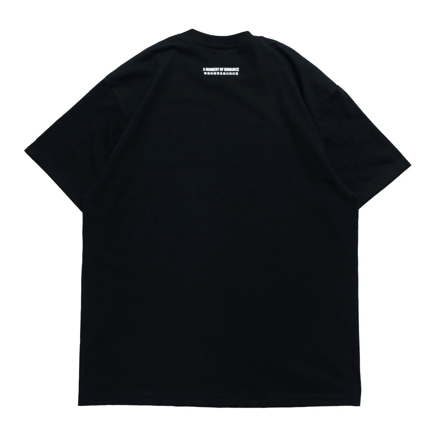 SCI-FI FANTASYのフロントとバック襟下にデザインがプリントされたTシャツ「A MOMENT OF ROMANCE TEE」のBLACKカラーの背面からの商品写真