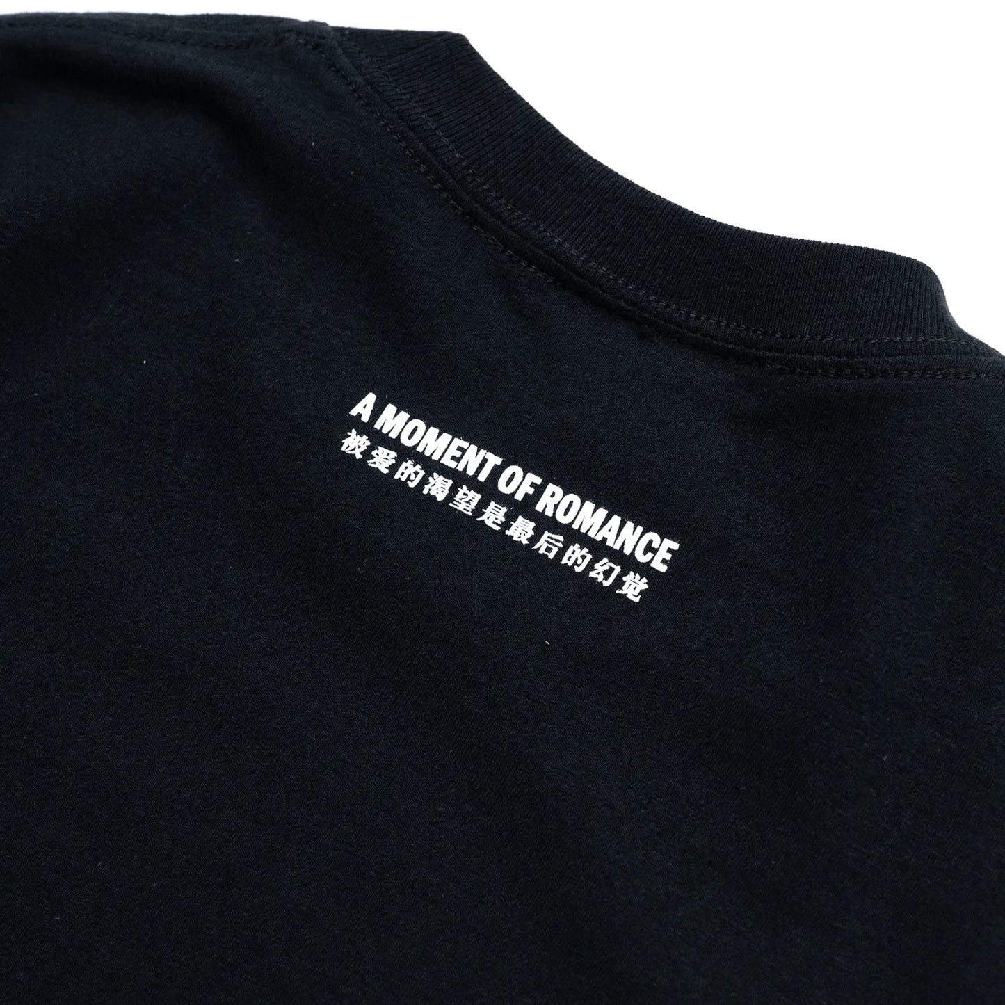SCI-FI FANTASYのフロントとバック襟下にデザインがプリントされたTシャツ「A MOMENT OF ROMANCE TEE」のBLACKカラーの背面デザイン写真