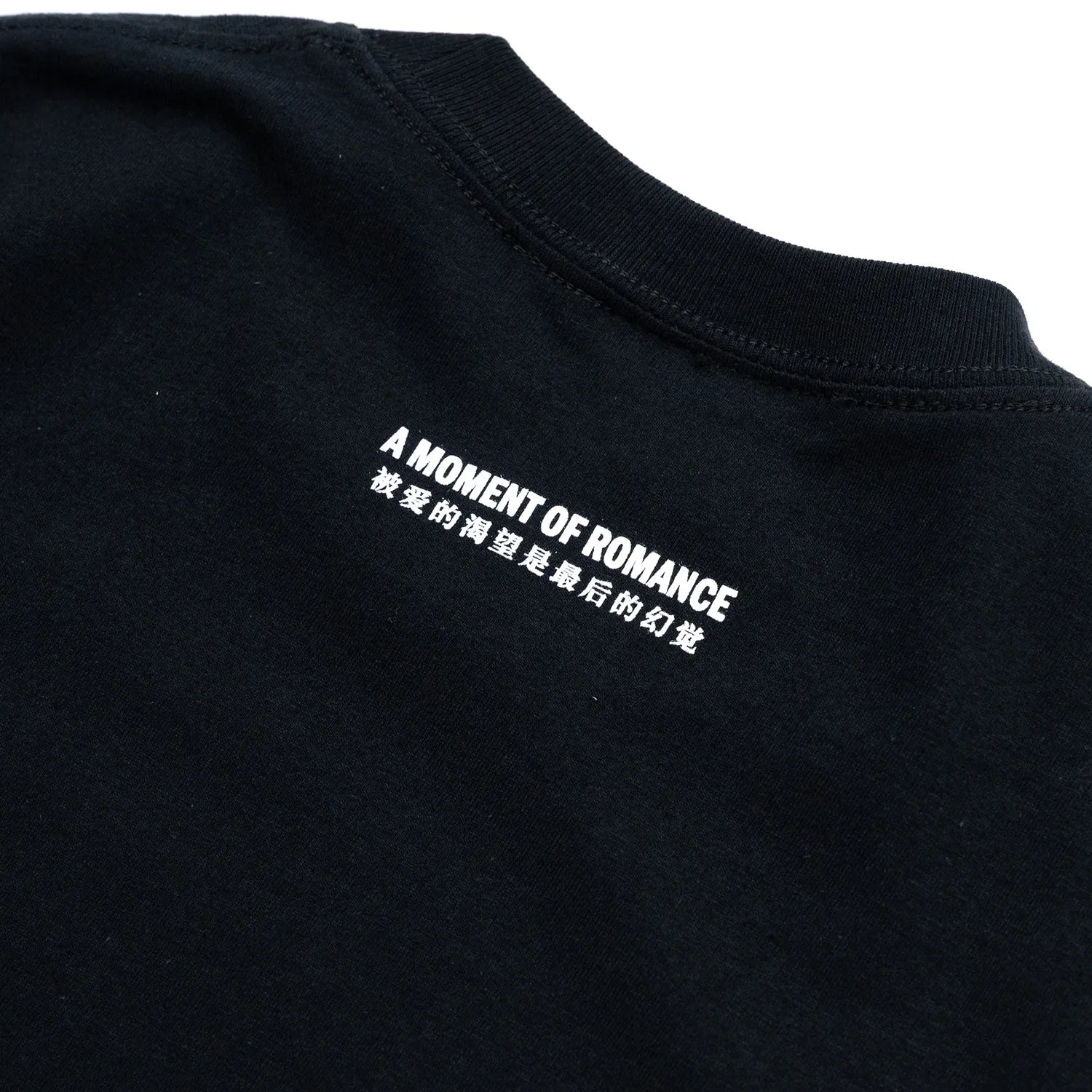 SCI-FI FANTASYのフロントとバック襟下にデザインがプリントされたTシャツ「A MOMENT OF ROMANCE TEE」のBLACKカラーの背面デザイン写真