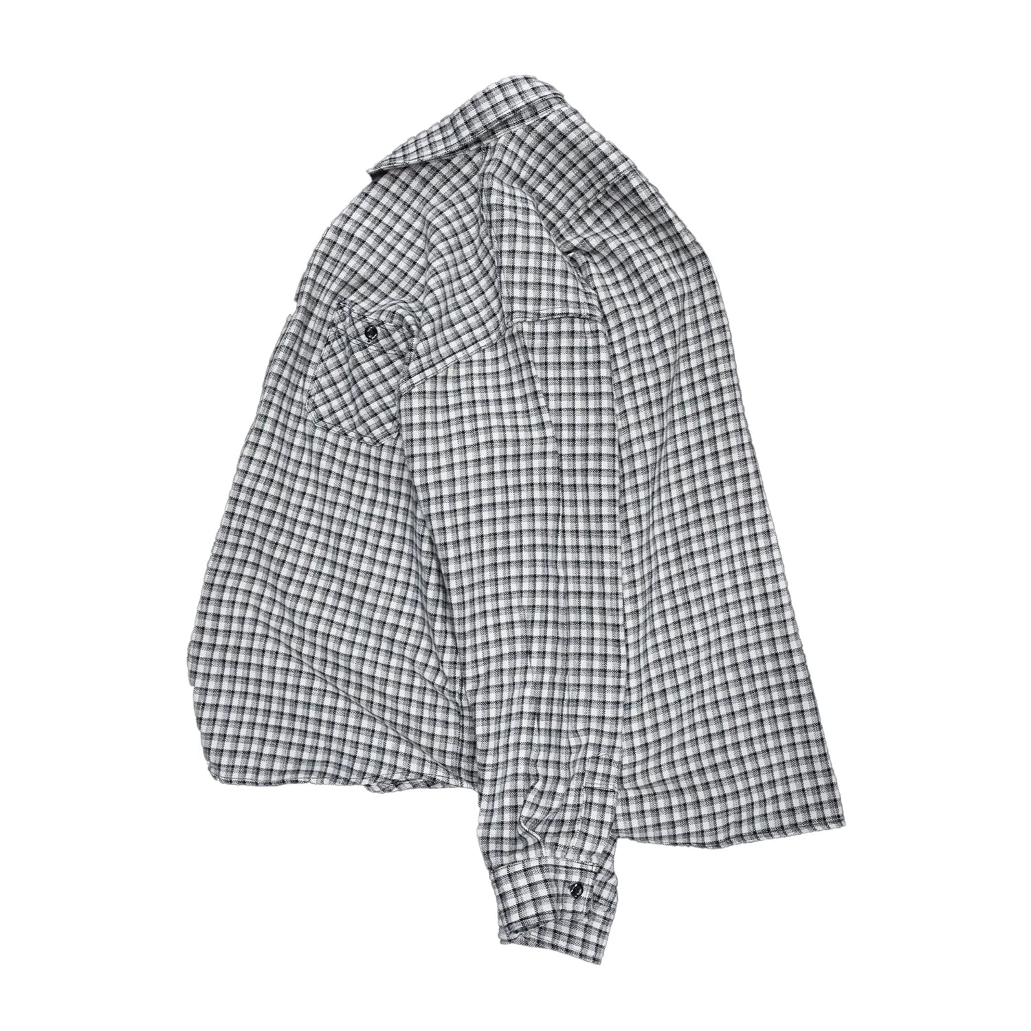 SUGER CANE(シュガーケーン)の細かい格子柄のワークシャツ「SMALL PLAID L/S WORK SHIRTS」の「OFF WHITEカラー」の側面からの商品写真