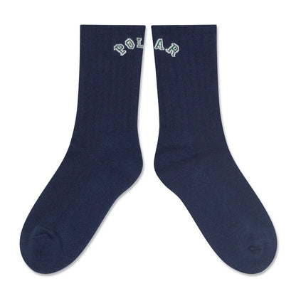 POLAR SKATE CO(ポーラー)の靴下・ソックス「COLLEGE LOGO LARGE RIB SOCKS」のBLUEカラーの２足別方向に並べた商品写真