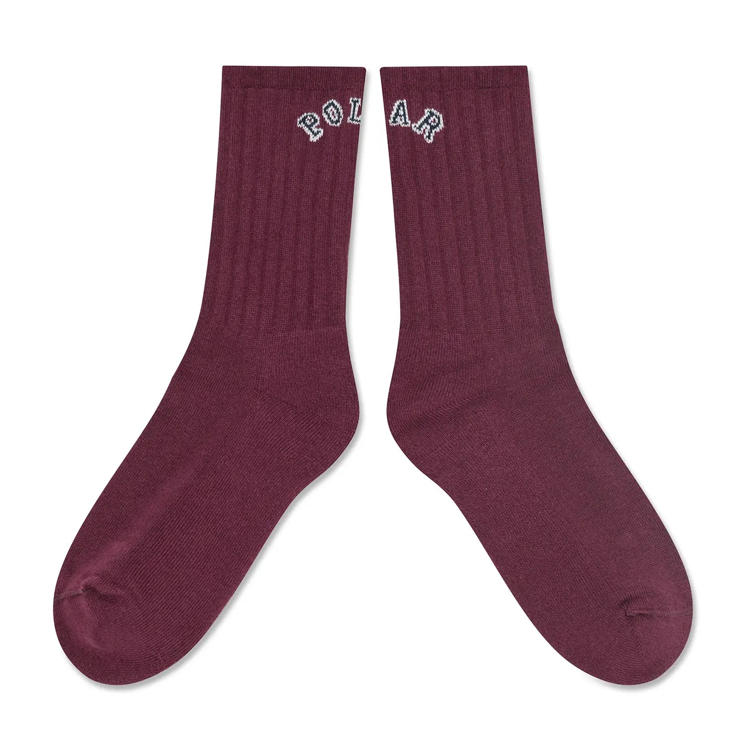 POLAR SKATE CO(ポーラー)の靴下・ソックス「COLLEGE LOGO LARGE RIB SOCKS」のWINEカラーの２足別方向に並べた商品写真