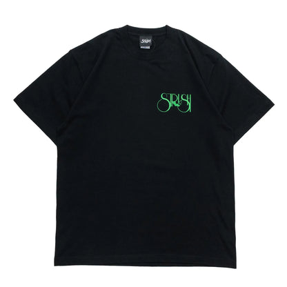 STRUSH(ストラッシュ)のあのHIPHOPクラシックの12インチジャケットをサンプリングしたデザインのTシャツ「FOOT PRINTS TEE」のBLACKカラーの正面からの商品写真