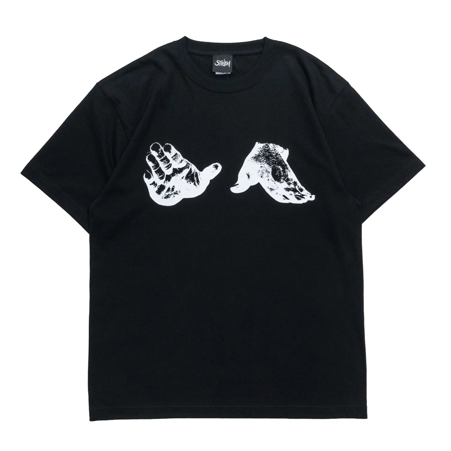 STRUSH(ストラッシュ)のブランドを代表するグラフィックがフロントにプリントされたのTシャツ「ROCKS TEE」のBLACKカラーの正面からの商品写真