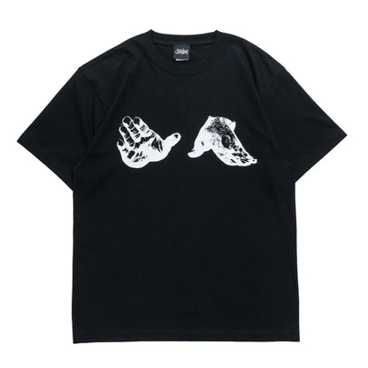 STRUSH(ストラッシュ)のブランドを代表するグラフィックがフロントにプリントされたのTシャツ「ROCKS TEE」のBLACKカラーの正面からの商品写真