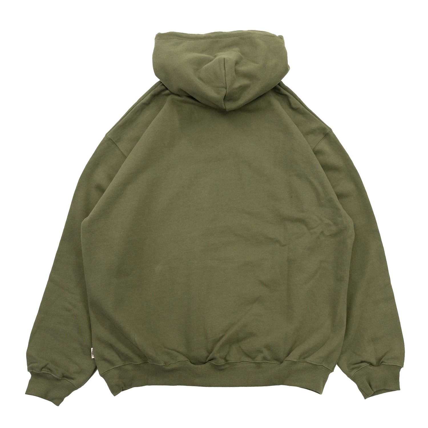 TRIBE WEAR(トライブウェア)の肉厚なフーディー｜パーカー「BASIC HOODIE」のOLIVEカラーの背面からの商品写真