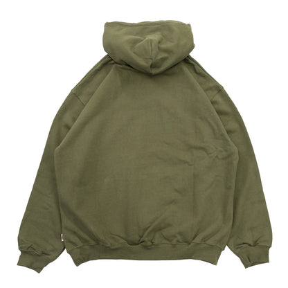 TRIBE WEAR(トライブウェア)の肉厚なフーディー｜パーカー「BASIC HOODIE」のOLIVEカラーの背面からの商品写真