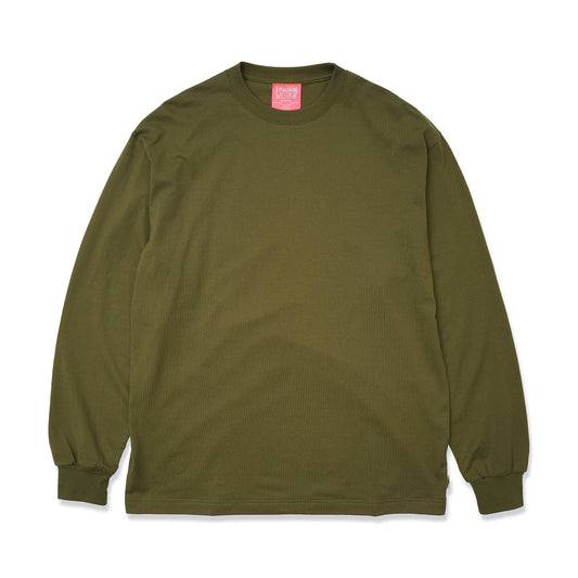 TRIBE WEAR(トライブウェア)のヘビーオンスのロングスリーブTシャツ「BASIC L/S TEE」のOLIVEカラーの正面からの商品写真