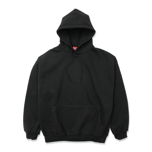 TRIBE WEAR(トライブウェア)のプレミアムな肉厚ヘビーオンスパーカー「NOT BASIC SWEAT HOODIE」のBLACKカラーの正面からの商品写真
