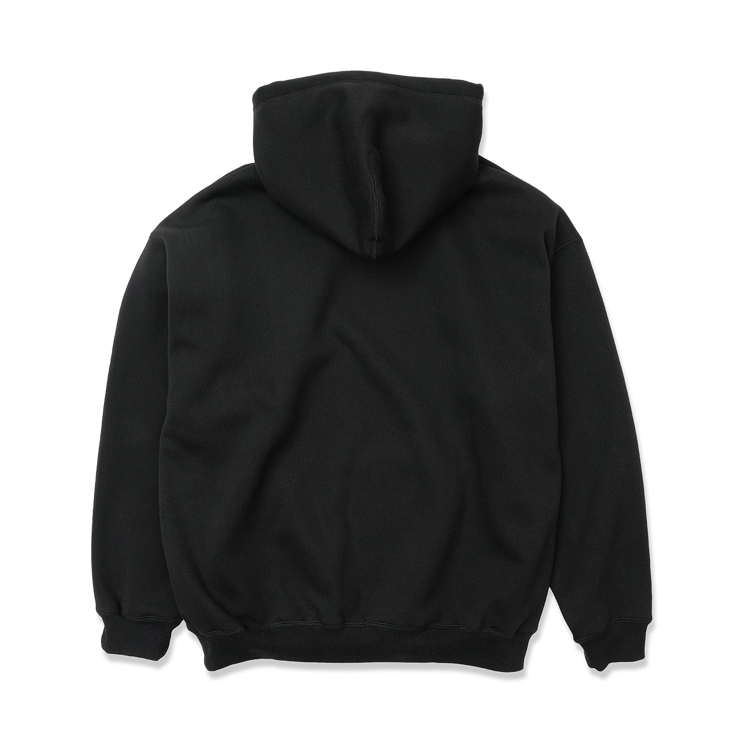 TRIBE WEAR(トライブウェア)のプレミアムな肉厚ヘビーオンスパーカー「NOT BASIC SWEAT HOODIE」のBLACKカラーの背面からの商品写真