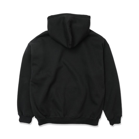 TRIBE WEAR(トライブウェア)のプレミアムな肉厚ヘビーオンスパーカー「NOT BASIC SWEAT HOODIE」のBLACKカラーの背面からの商品写真