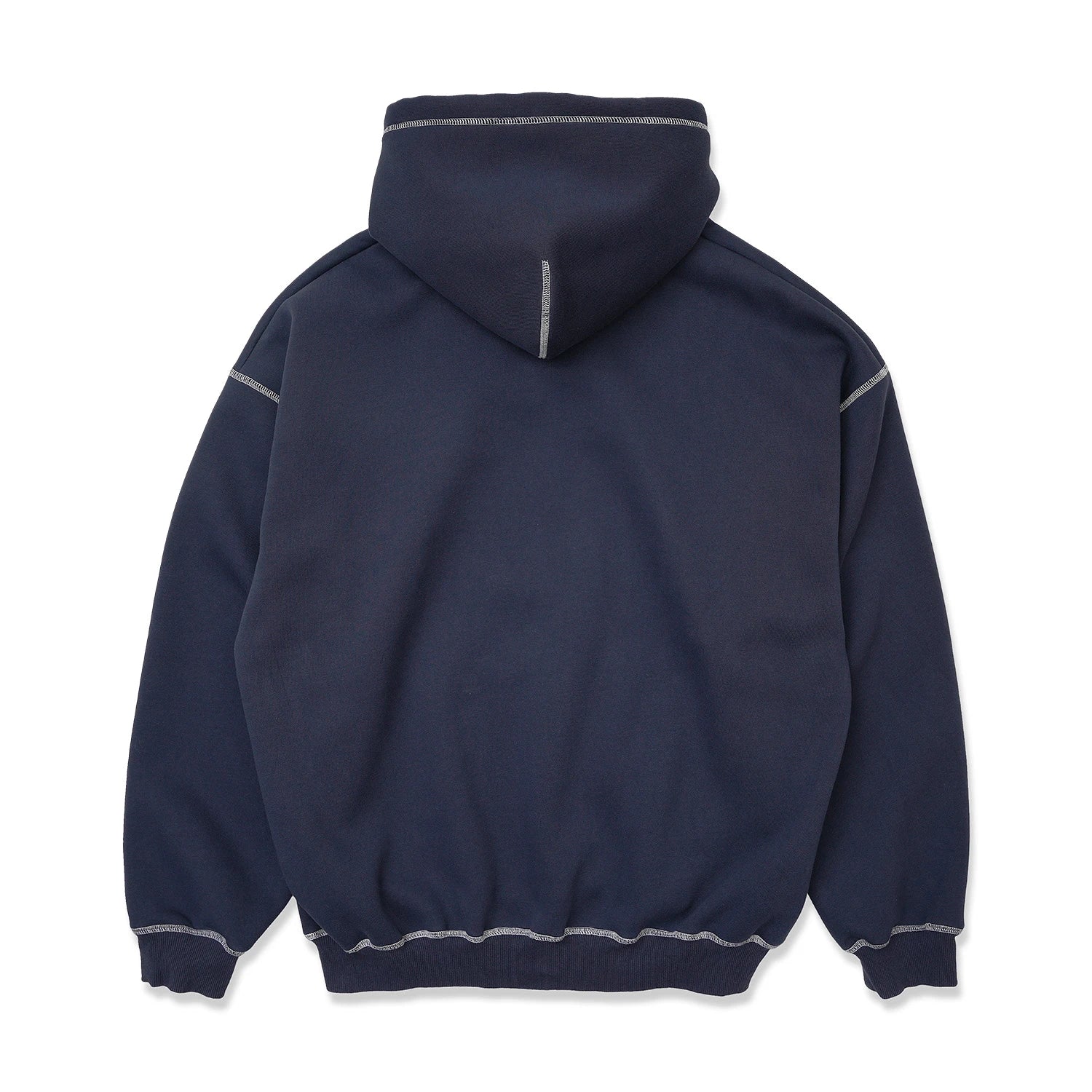 TRIBE WEAR(トライブウェア)のプレミアムな肉厚ヘビーオンスパーカー「NOT BASIC SWEAT HOODIE」のNAVYカラーの背面からの商品写真