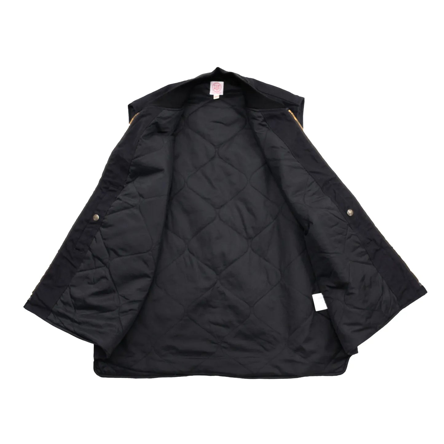 東洋エンタープライズによるTUF-NUT(タフナット)の12.5ozのコットンダック生地を使用した「COTTON DUCK WORK VEST」のBLACKカラーの正面から裏生地が見える商品写真