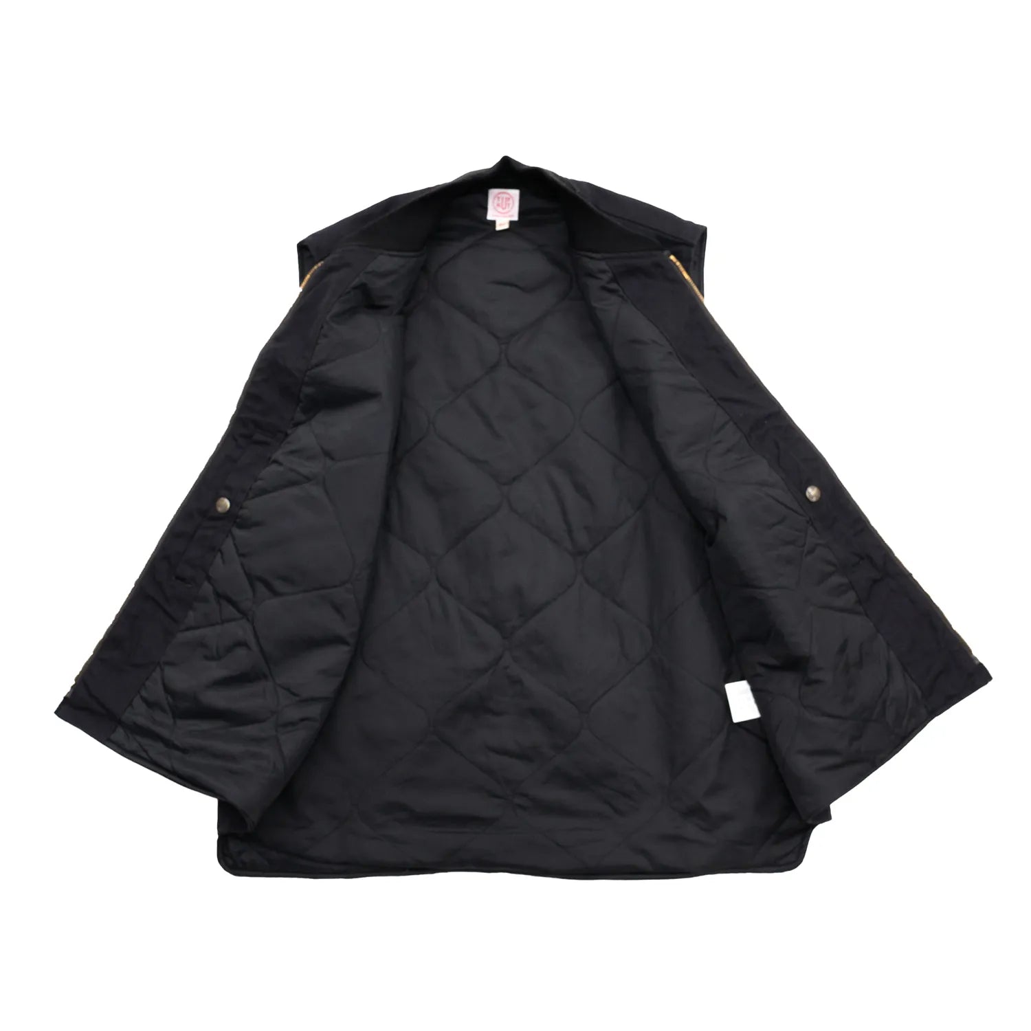 東洋エンタープライズによるTUF-NUT(タフナット)の12.5ozのコットンダック生地を使用した「COTTON DUCK WORK VEST」のBLACKカラーの正面から裏生地が見える商品写真