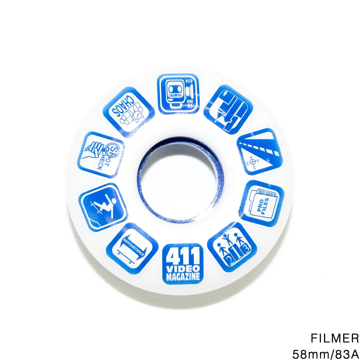 数々の名作スケートビデオを世に送り出してきた 411VM がリリースする、フィルマーのために開発された静音ウィール「FILMER WHEEL / 58MM | 83A」の商品写真