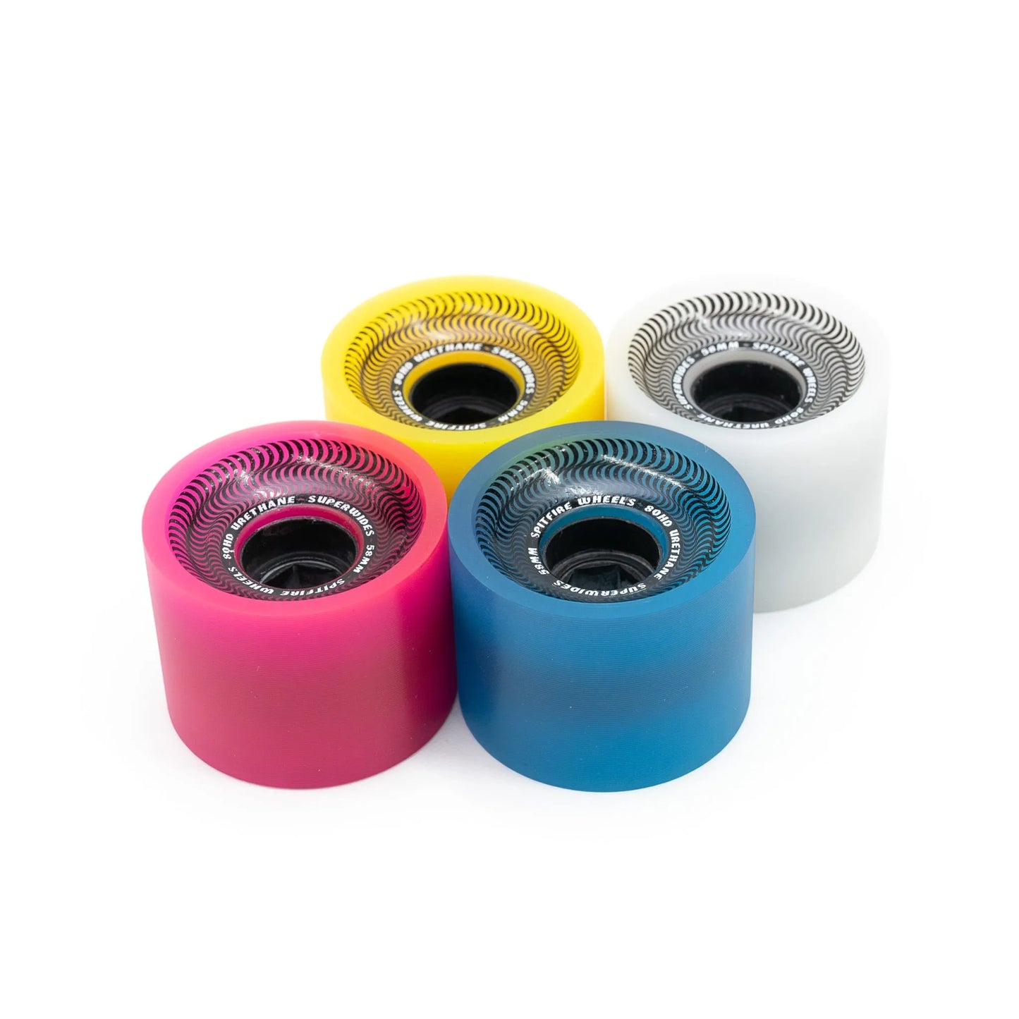 SPITFIRE WHEELS(スピットファイア)のクルーザーウィール「80HD SUPERWIDES」。4つ全てのカラーが異なるカラーウェイ。直径58MM、硬さ80Aと走行性能に優れたソフトウィールの別角度の商品写真