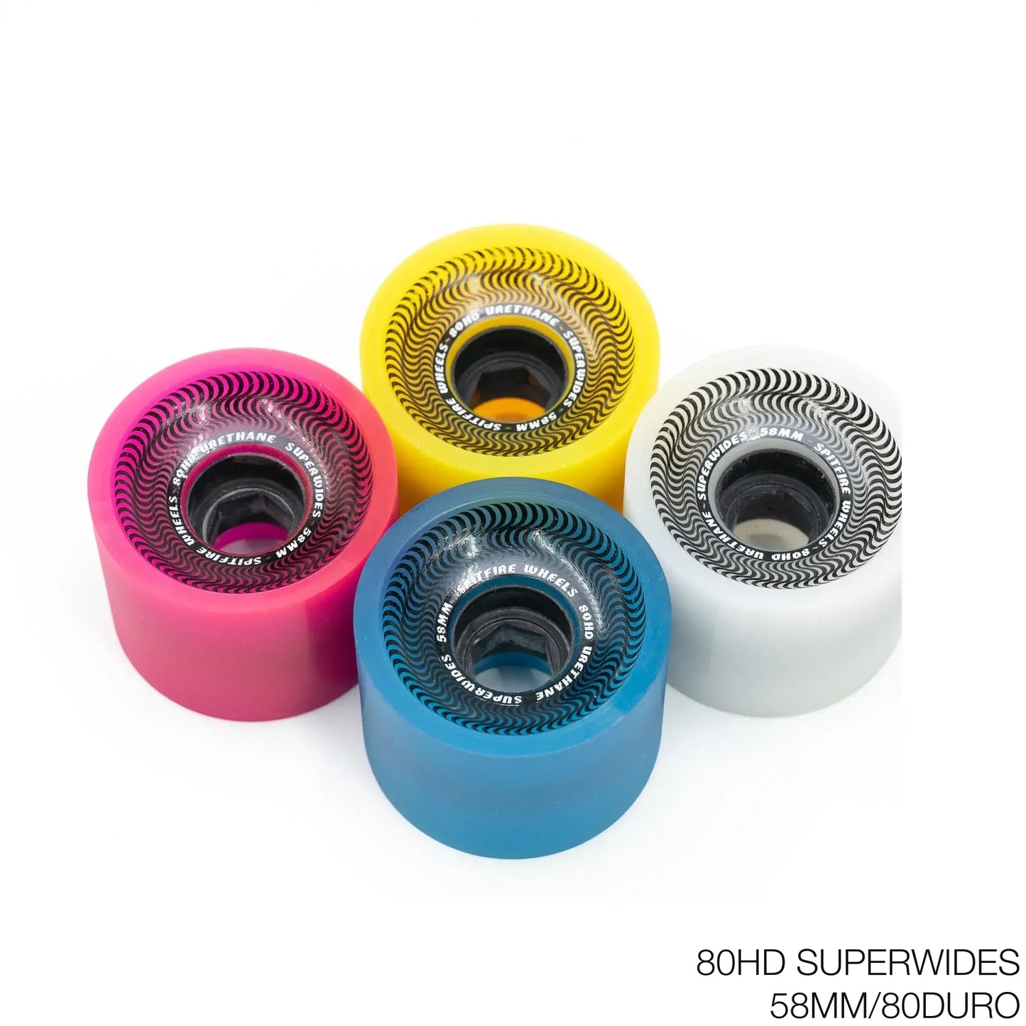 SPITFIRE WHEELS(スピットファイア)のクルーザーウィール「80HD SUPERWIDES」。4つ全てのカラーが異なるカラーウェイ。直径58MM、硬さ80Aと走行性能に優れたソフトウィールの商品写真