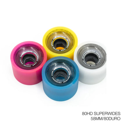 SPITFIRE WHEELS(スピットファイア)のクルーザーウィール「80HD SUPERWIDES」。4つ全てのカラーが異なるカラーウェイ。直径58MM、硬さ80Aと走行性能に優れたソフトウィールの商品写真