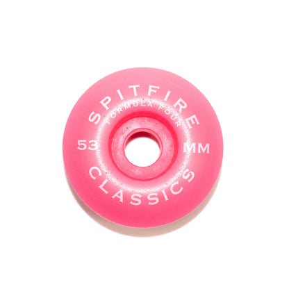 SPITFIRE WHEELS(スピットファイア)が誇る高品質ウレタン「Formula 4」を使用した最も定番の型「CLASSIC」シェイプのハードウィール。人気の直径53MM、硬さ99DUROでカラーはNEON PINKカラーの裏面の商品写真